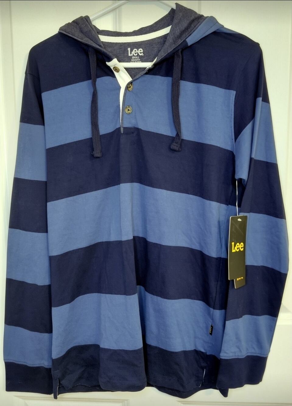 NWT Lee Men’s Striped Henley Rugby Hoodie Long Sleeve Shirt Blue Navy Small Soft